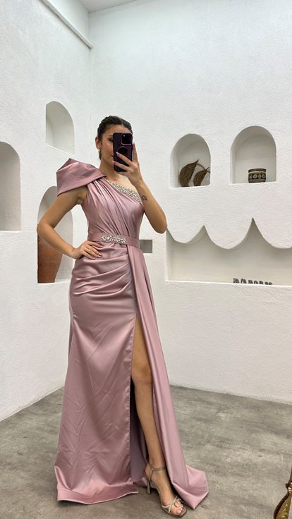 Powder One Shoulder Stone Embroidered Design Evening Dress