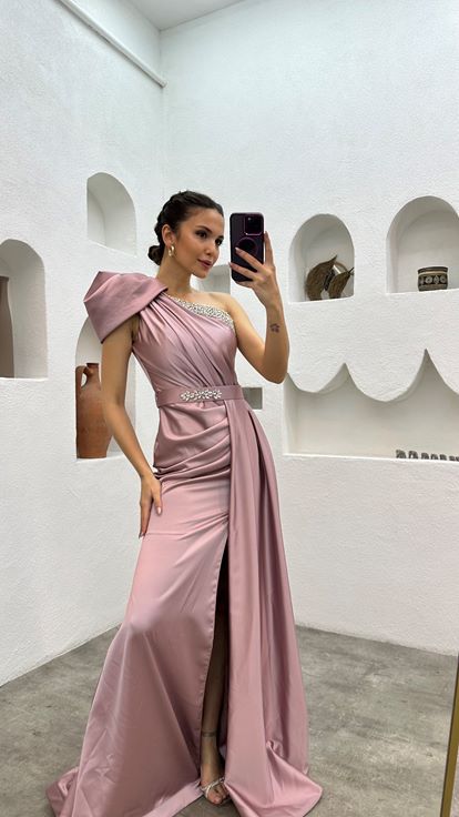 Powder One Shoulder Stone Embroidered Design Evening Dress