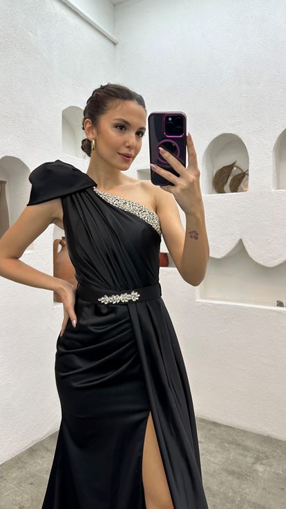 Black One Shoulder Stone Embroidered Design Evening Dress