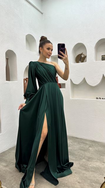 Emerald Green One-Shoulder Draped Slit Satin Evening Dress