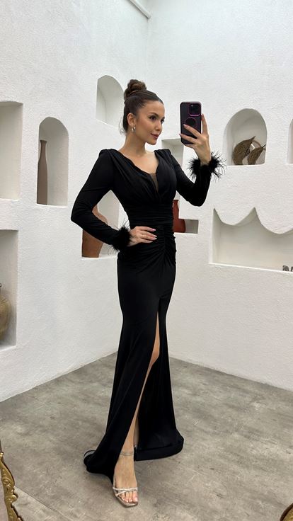 Black Sleeves Feather Detail Draped Design Evening Dress