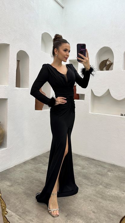 Black Sleeves Feather Detail Draped Design Evening Dress