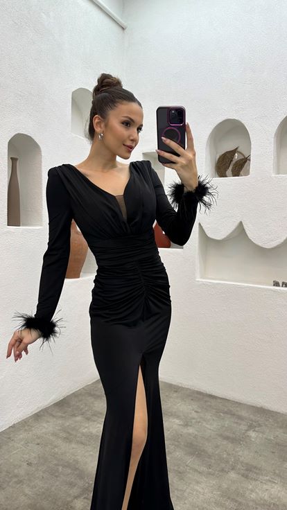 Black Sleeves Feather Detail Draped Design Evening Dress