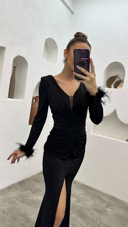 Black Sleeves Feather Detail Draped Design Evening Dress