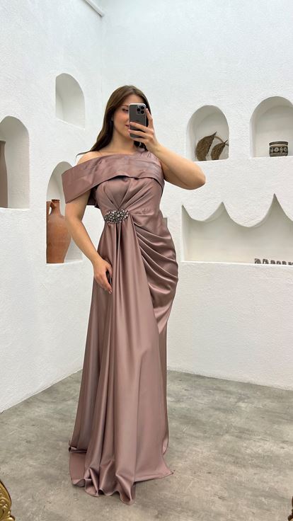 raso rosa essiccato una spalla plus size abito da sera