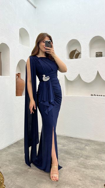 Indigo Cape Brooch Detail Draped Design Evening Dress