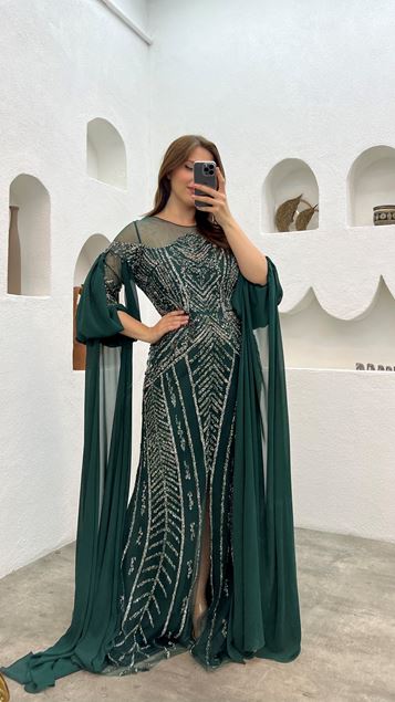 Emerald Balloon Sleeve Brodé Chiffon Plus Taille Robe de soirée