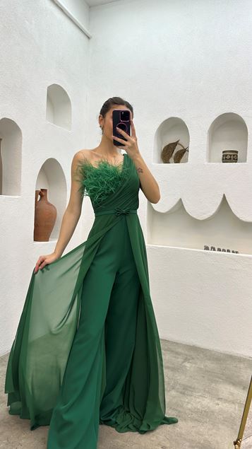Emerald One Shoulder Feather Detailed Jumpsuit