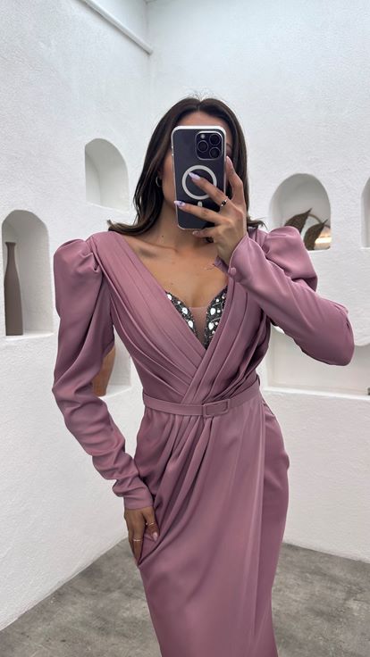 Dried Rose Bust Stone Embroidered Belt Design Evening Dress
