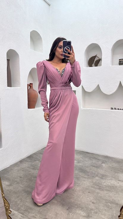 Dried Rose Bust Stone Embroidered Belt Design Evening Dress