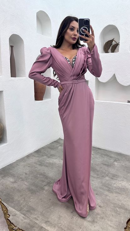 Dried Rose Bust Stone Embroidered Belt Design Evening Dress