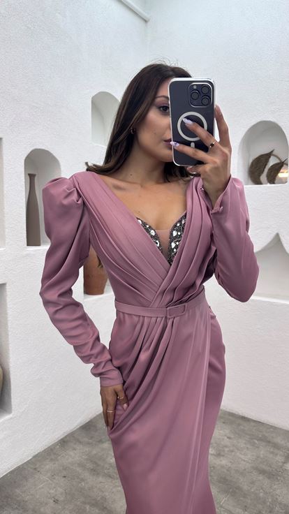 Dried Rose Bust Stone Embroidered Belt Design Evening Dress