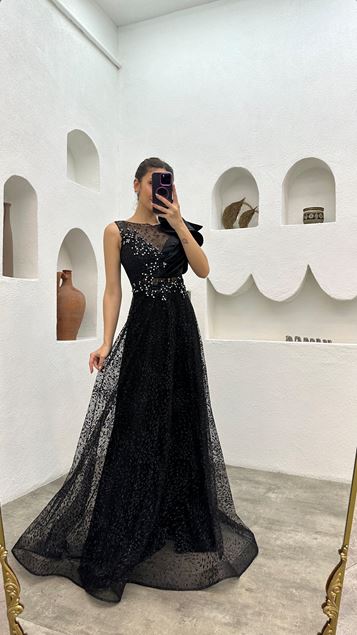 Noir Épaule Détail Brodé Poitrine Pierre Détail Robe de soirée