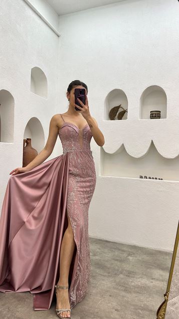 Powder Rope Strap Embroidered Bust Detail Design Evening Dress