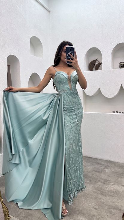 Menthe Vert Corde Strap Brodé Poitrine Détail Robe de soirée