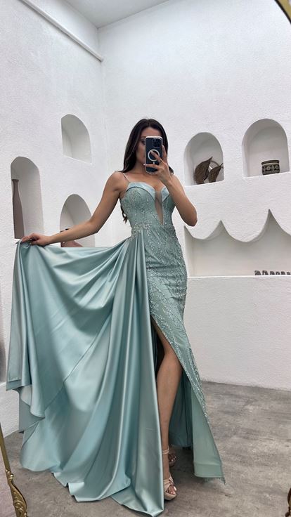 Menthe Vert Corde Strap Brodé Poitrine Détail Robe de soirée