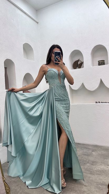 Menthe Vert Corde Strap Brodé Poitrine Détail Robe de soirée