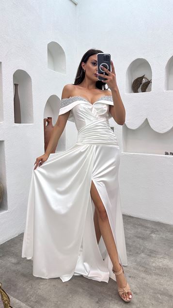 White Boat Collar Stone Brodé Robe de soirée plissée