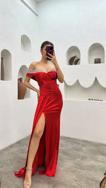 Red Boat Neck Stone Embroidered Pleat Detail Design Evening Dress
