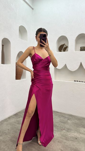 Fucsia Corda Cinturino Cuore Colletto Abito da sera