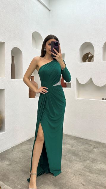 Embroidered Single Sleeve Waist Draped Design Evening Dress