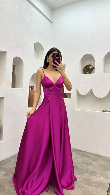 Fucsia Corda Cinturino Cuore Colletto Spacco Abito da sera