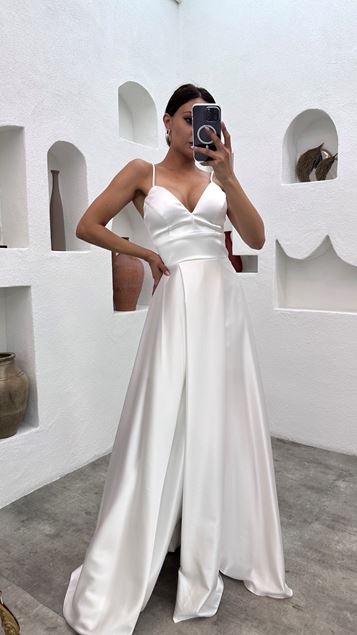 White Rope Strap Heart Collar Slit Design Evening Dress