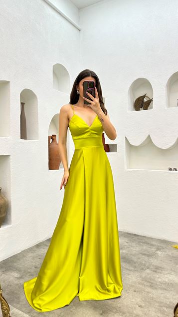 Yellow Rope Strap Heart Collar Slit Design Evening Dress