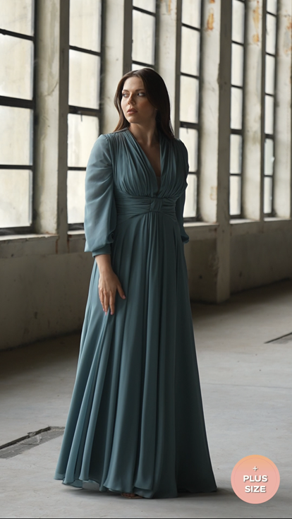 فستان سهرة من الشيفون الأخضر النعناعي بمقاسات كبيرة مع خصر مكشكش