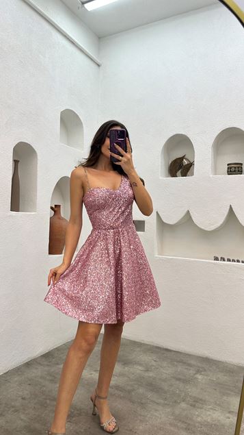 Powder Single Sleeve Chain Detail Sequined Mini Dress