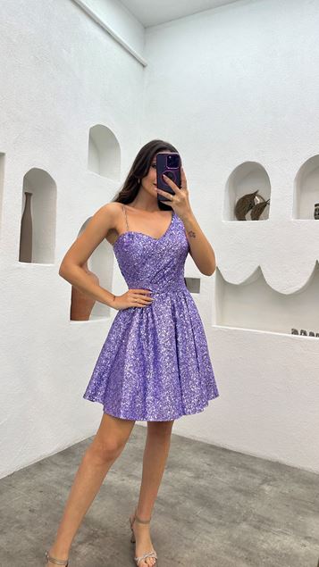 Mini vestido de lentejuelas de cadena de manga simple lila