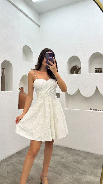 White Single Sleeve Chain Detail Sequined Mini Dress