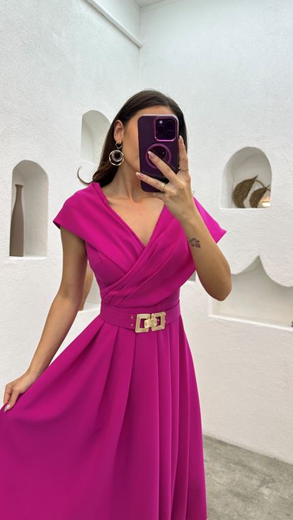 Fuşya Kruvaze Yaka Piliseli Kemerli Abiye Elbise