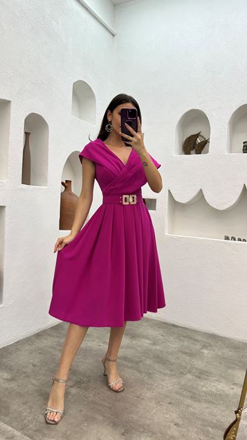 Fuchsia Col double poitrine Robe de soirée plissée ceinturée