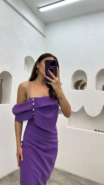 Vestido De Noche De Perlas Lilas Y Abotonadas Con Tirantes De Cuerda