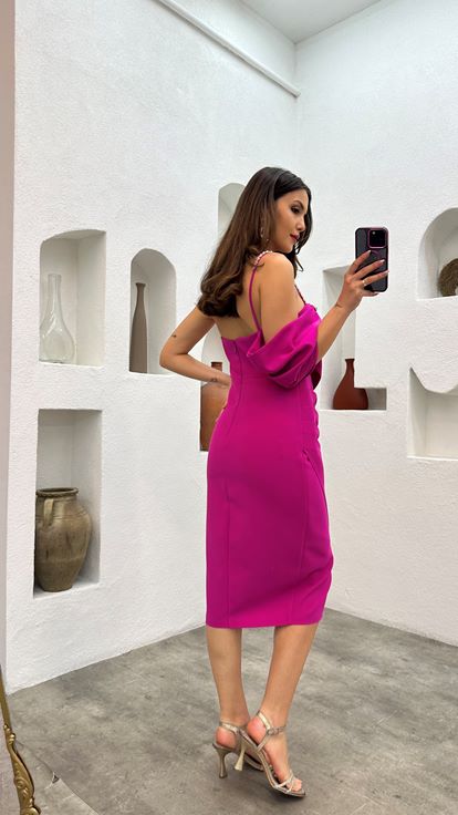 Fuchsia Rope Strap Pearl And Button Detail Evening Dress