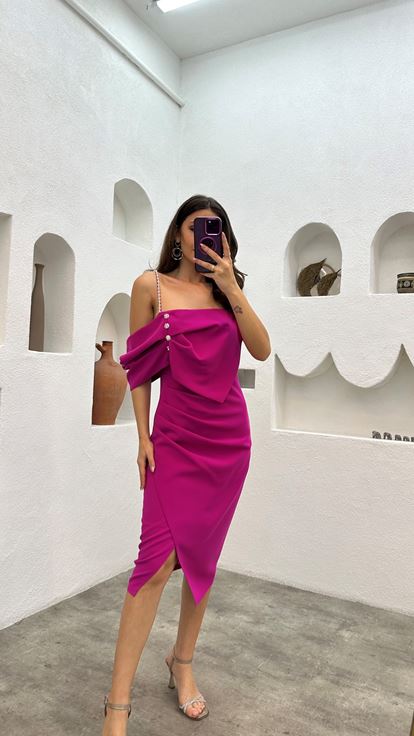 Fuchsia Rope Strap Pearl And Button Detail Evening Dress