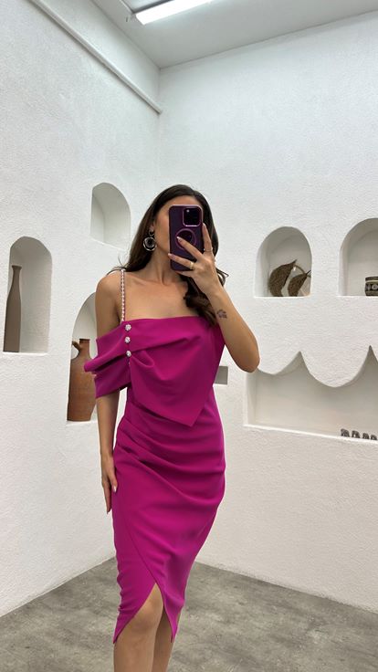 Fuchsia Rope Strap Pearl And Button Detail Evening Dress