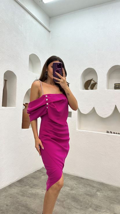 Fuchsia Rope Strap Pearl And Button Detail Evening Dress