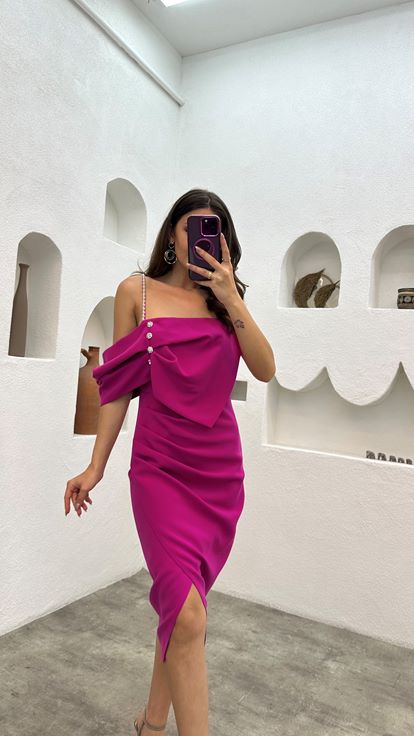 Fuchsia Rope Strap Pearl And Button Detail Evening Dress