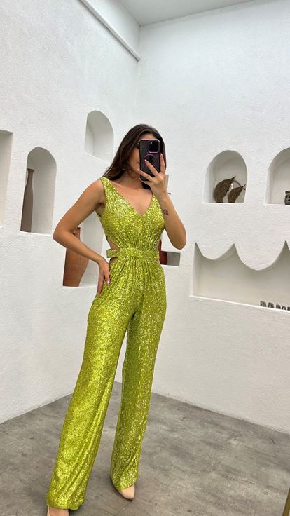 Yellow Waist Detail Sequin Jumpsuit