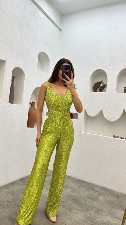Yellow Waist Detail Sequin Jumpsuit