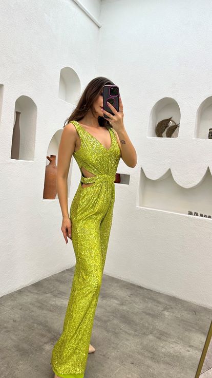 Yellow Waist Detail Sequin Jumpsuit