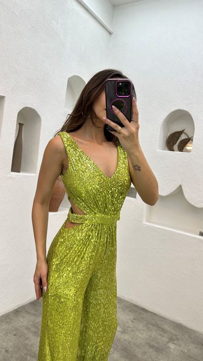 Yellow Waist Detail Sequin Jumpsuit
