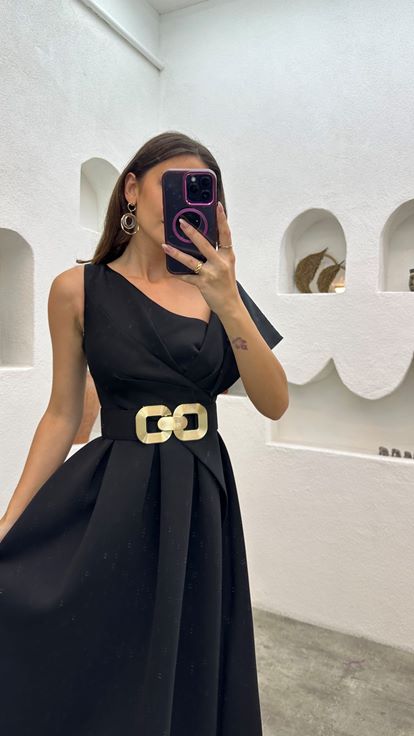 Black One Shoulder Pleated Belted Evening Dress