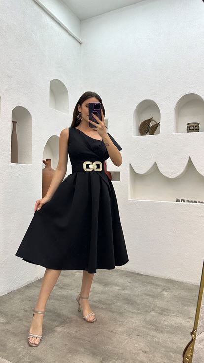 Black One Shoulder Pleated Belted Evening Dress
