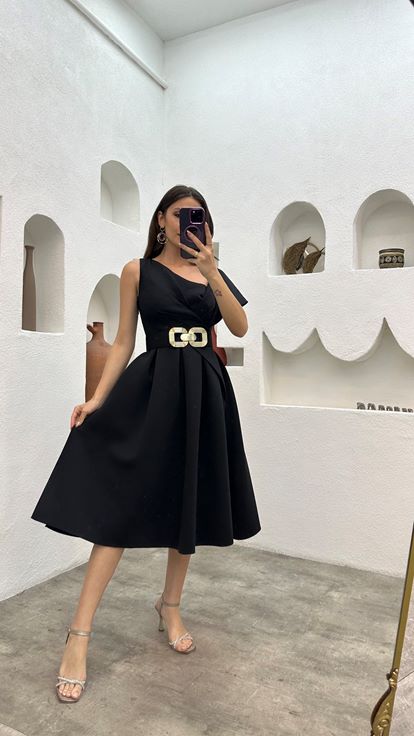 Black One Shoulder Pleated Belted Evening Dress
