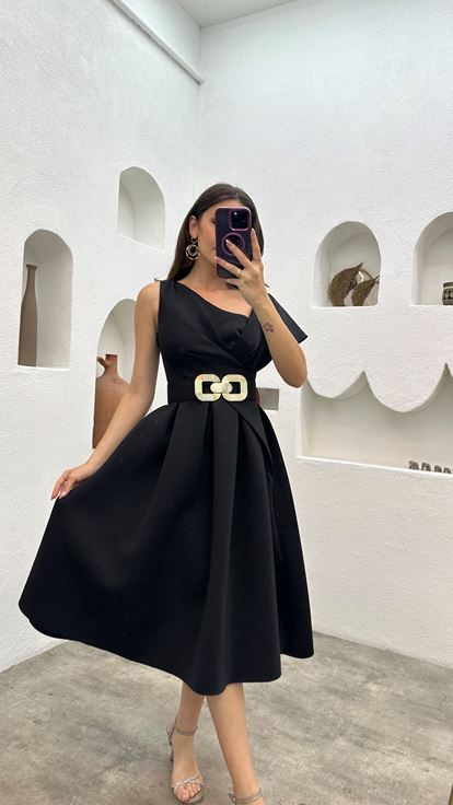 Black One Shoulder Pleated Belted Evening Dress