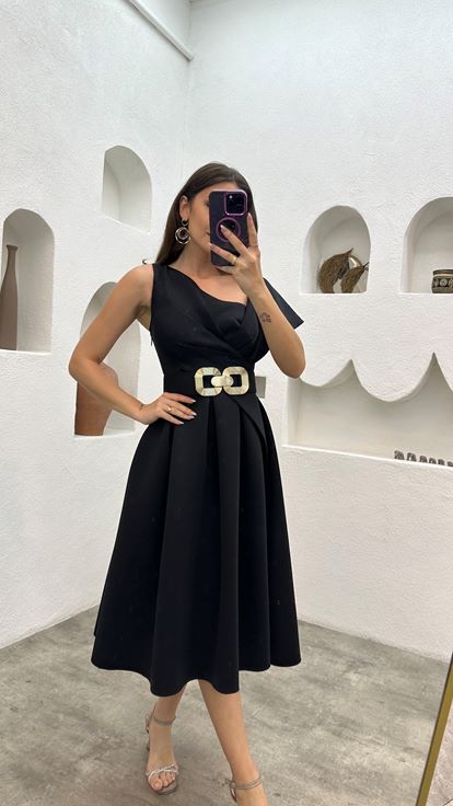 Black One Shoulder Pleated Belted Evening Dress
