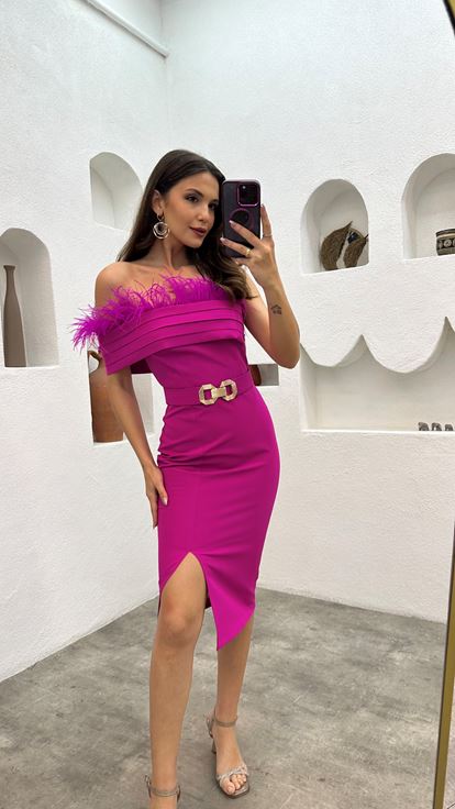 Fuchsia Boat Neck Evening Dress with Feathered Bust